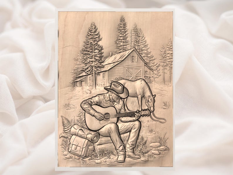Cowboy Guitar Cabin 3D Relief STL view 2
