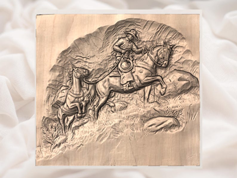 Cowboy Horse Riding 3D Relief STL File view 3