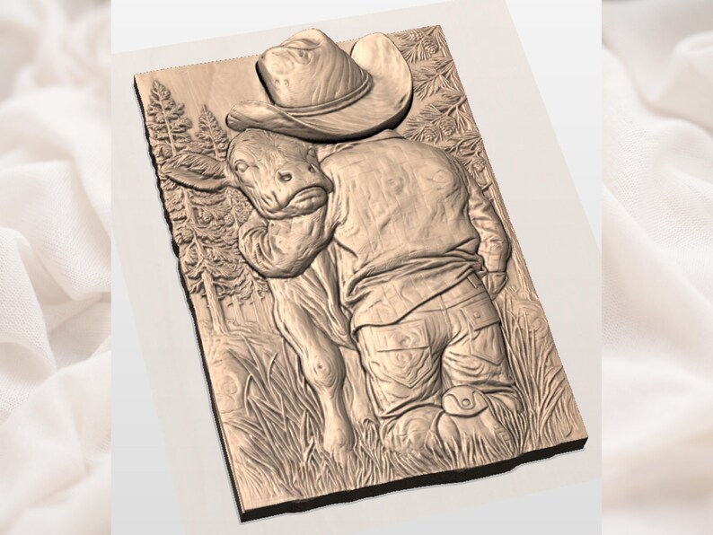Cowboy Hugging Calf 3D Relief STL view 3