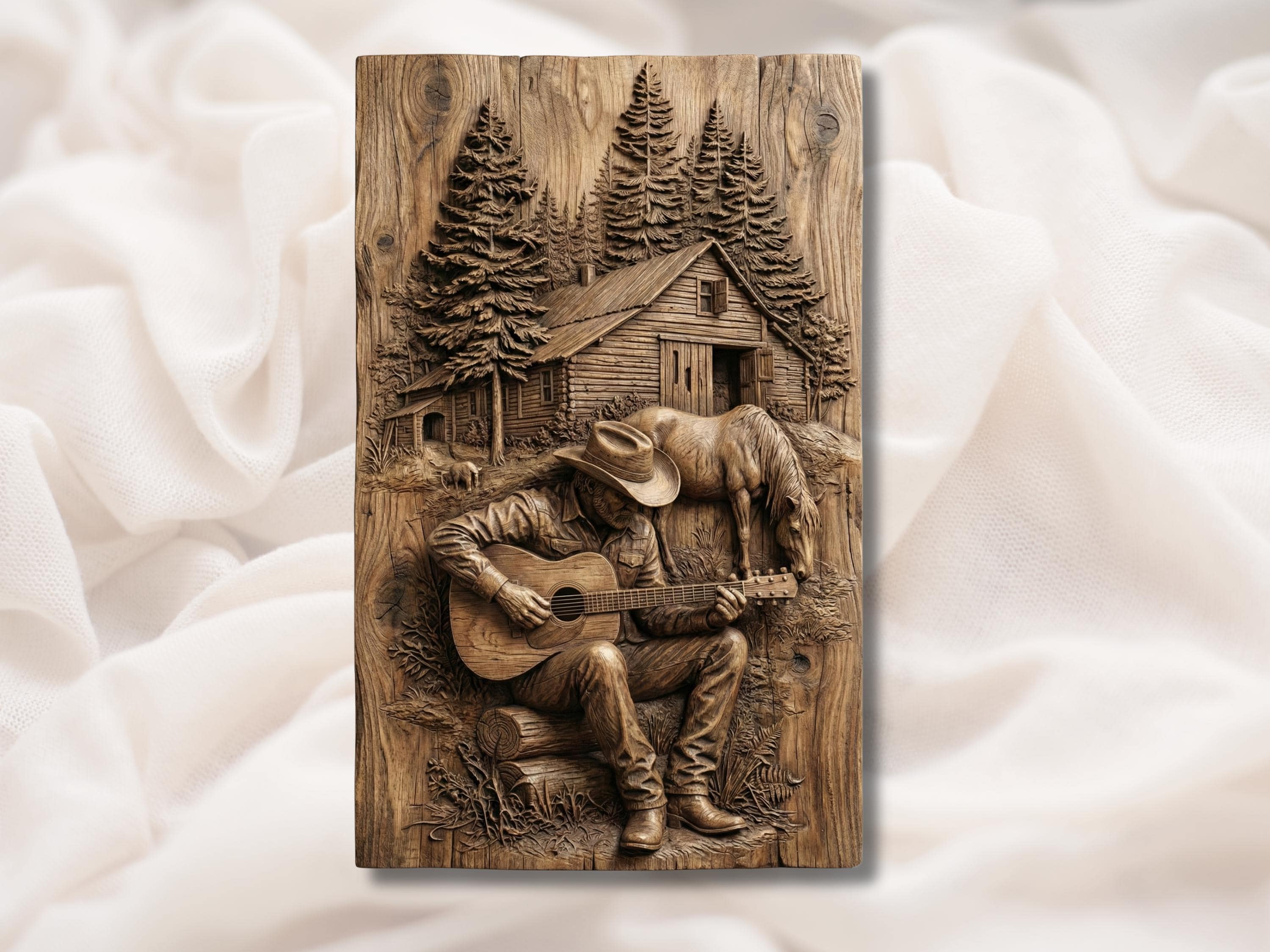 Cowboy Playing Guitar by the Cabin Bas-Relief STL Scene bas-relief STL design