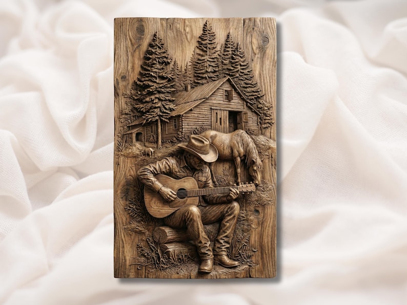 Cowboy Playing Guitar 3D Relief STL bas-relief STL