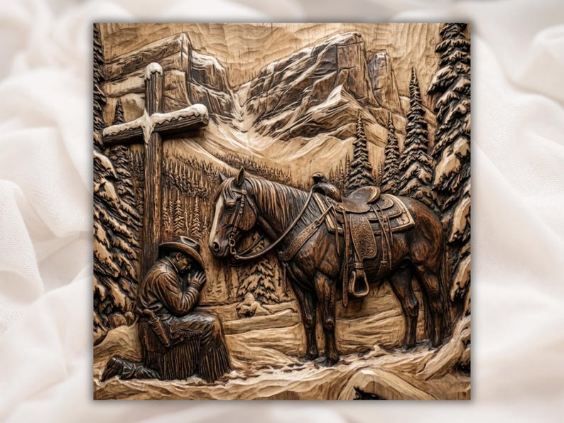 Cowboy Prayer Horse STL Relief bas-relief STL design