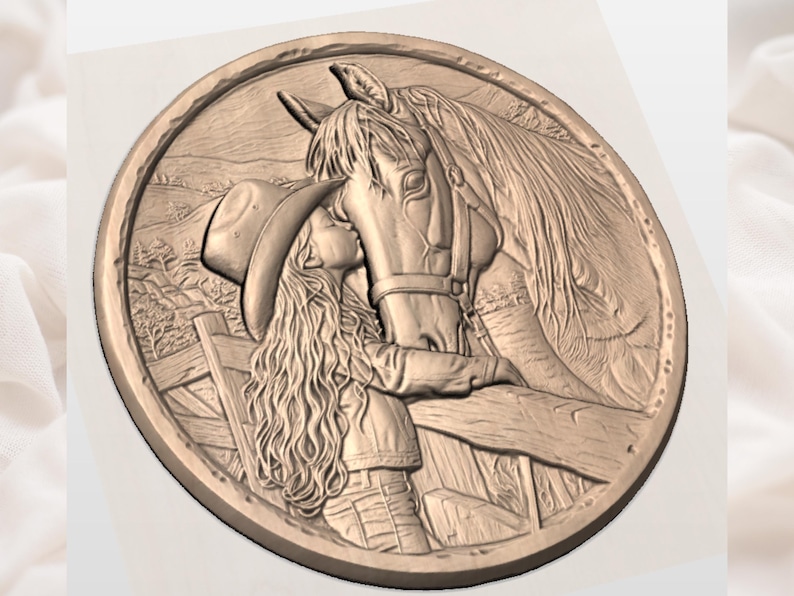 Cowgirl and  Horse 3D Relief STL File view 2