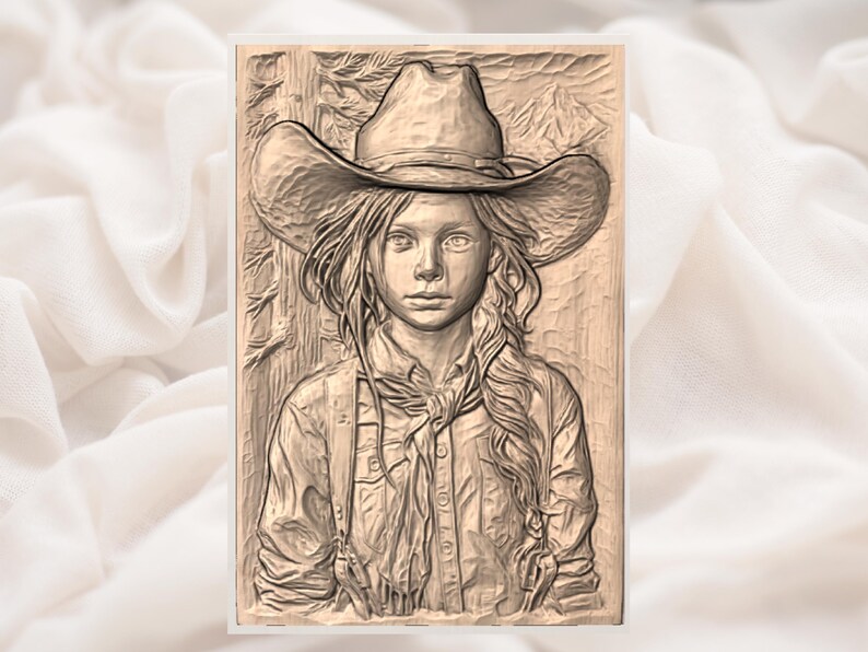 Cowgirl Girl Portrait 3D Relief STL File view 2