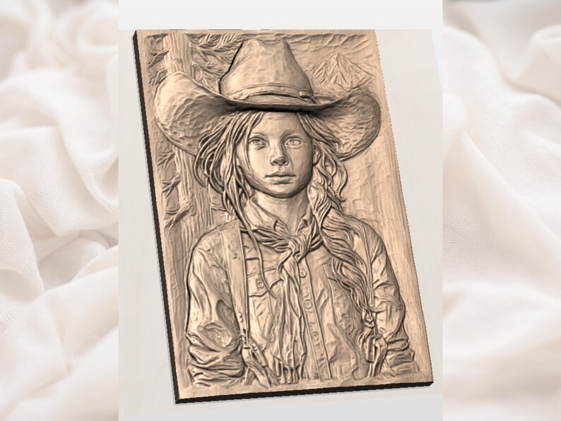 Cowgirl Girl Portrait 3D Relief STL File view 3