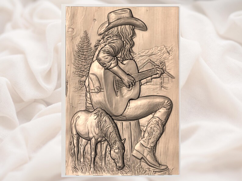 Cowgirl Guitar 3D Relief STL view 2