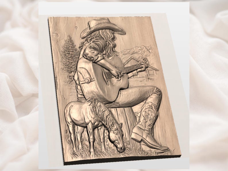 Cowgirl Guitar 3D Relief STL view 3