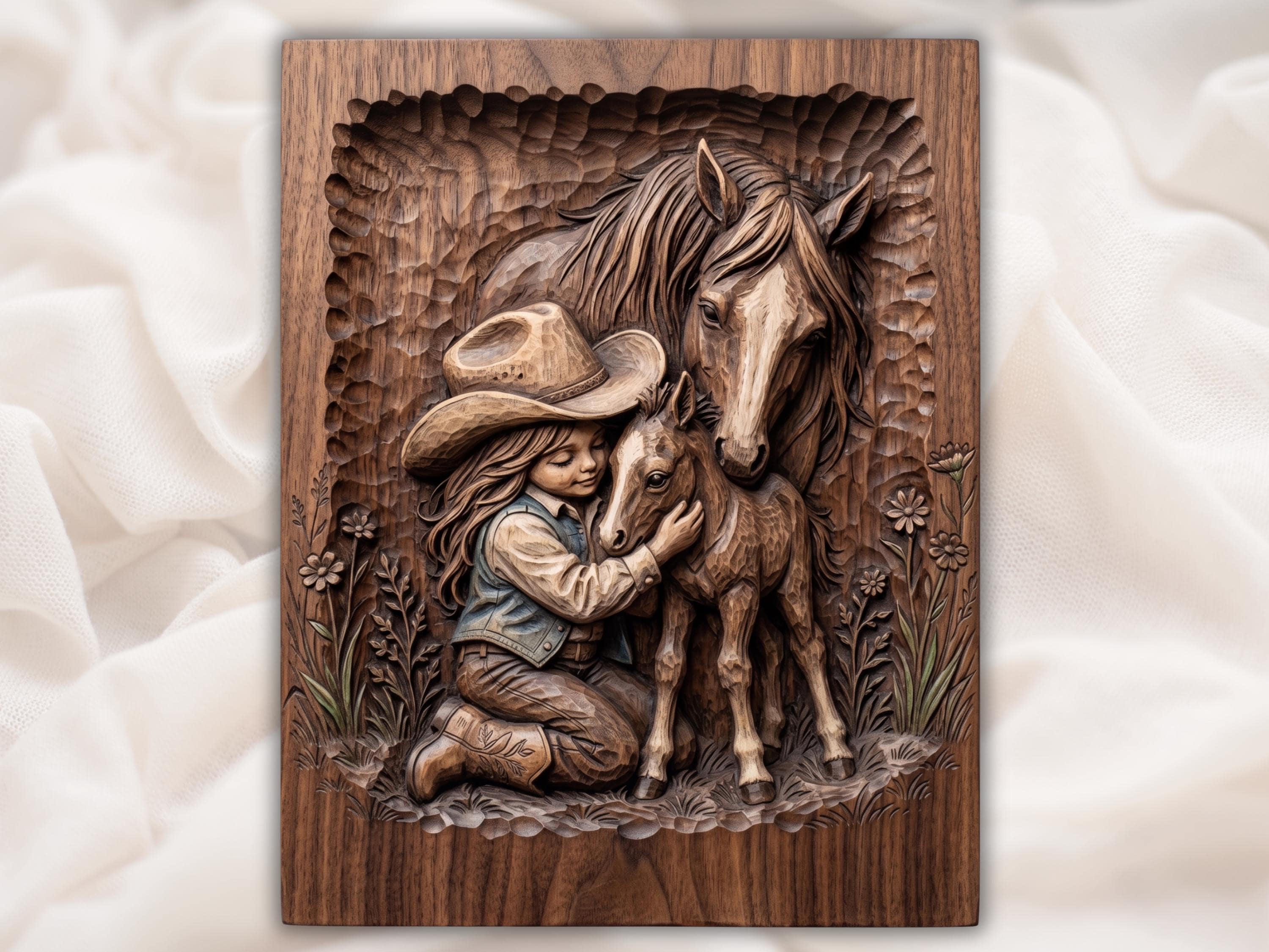 Cowgirl Hugging Foal with Mare Bas-Relief STL Carving bas-relief STL design