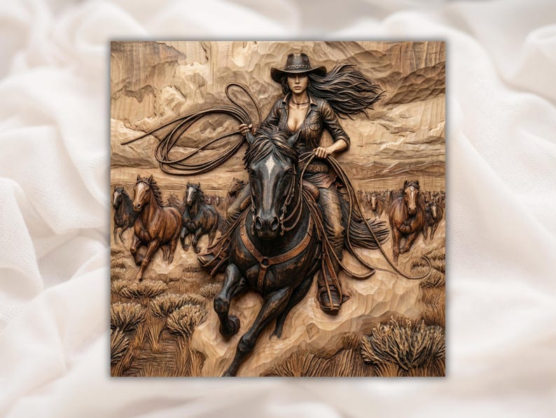 Cowgirl on Horse 3D Relief STL bas-relief STL design