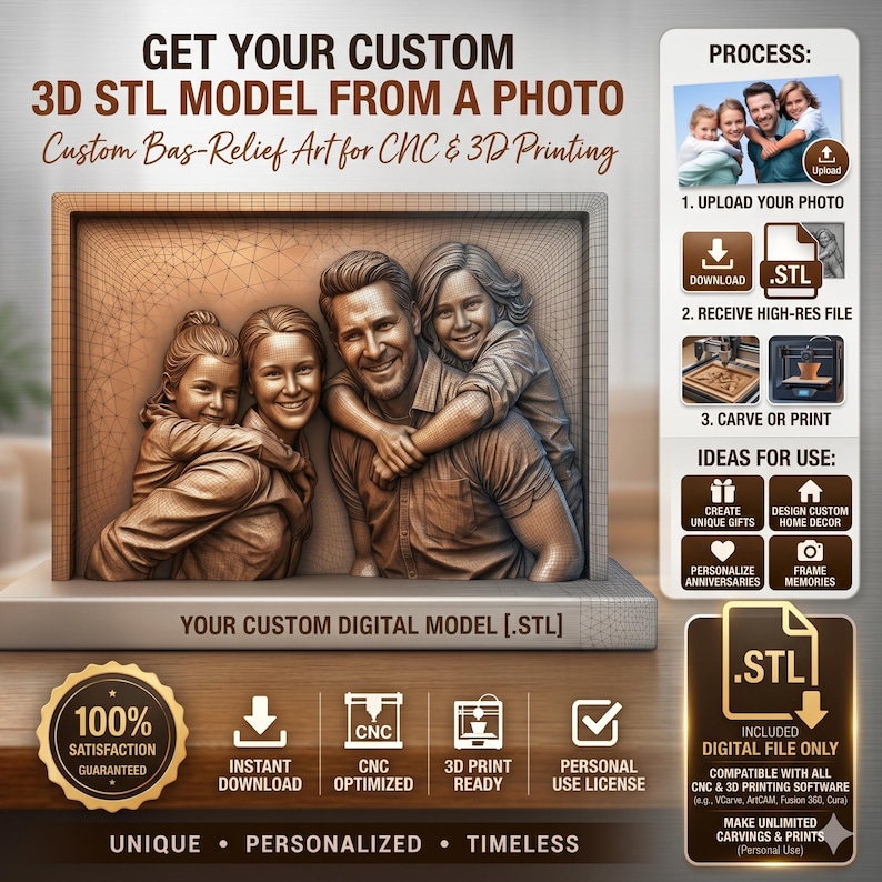 Custom 3D Bas Relief Portrait – Personalized STL File for CNC & Printing, Aspire bas-relief STL design