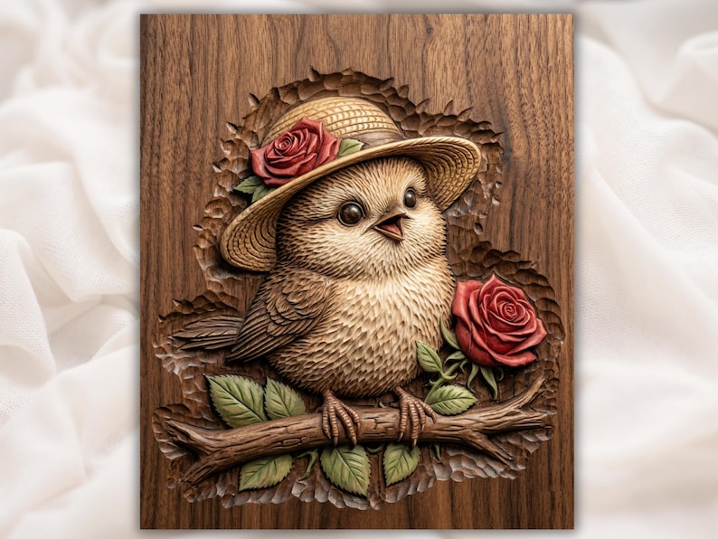 Cute Bird with Roses 3D Relief STL for CNC Router bas-relief STL