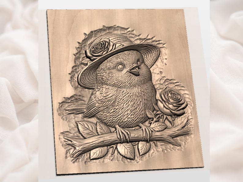 Cute Bird with Roses 3D Relief STL for CNC Router view 2