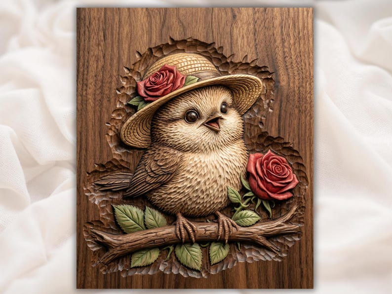 Cute Bird with Roses 3D Relief STL for CNC Router bas-relief STL design
