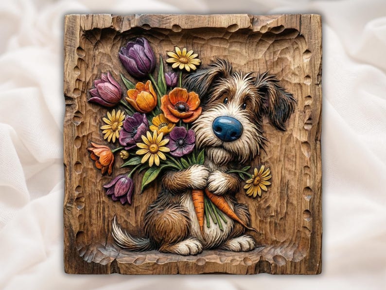 Cute Dog with Flowers Relief STL bas-relief STL design