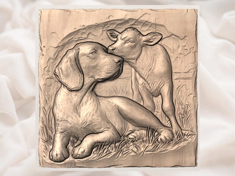 Cute Farm Dog & Calf 3D Relief STL view 2
