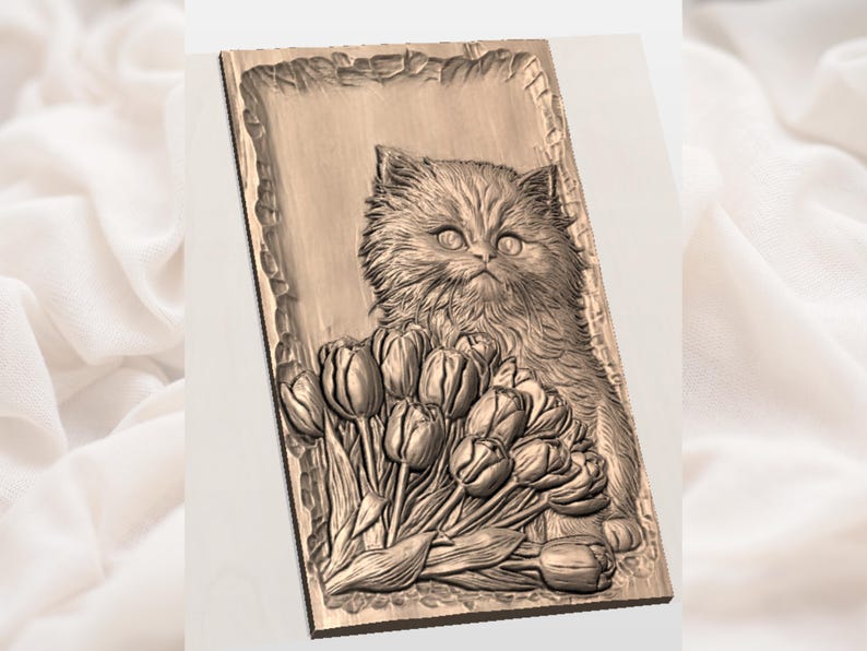 Cute Kitten with Tulips STL view 2