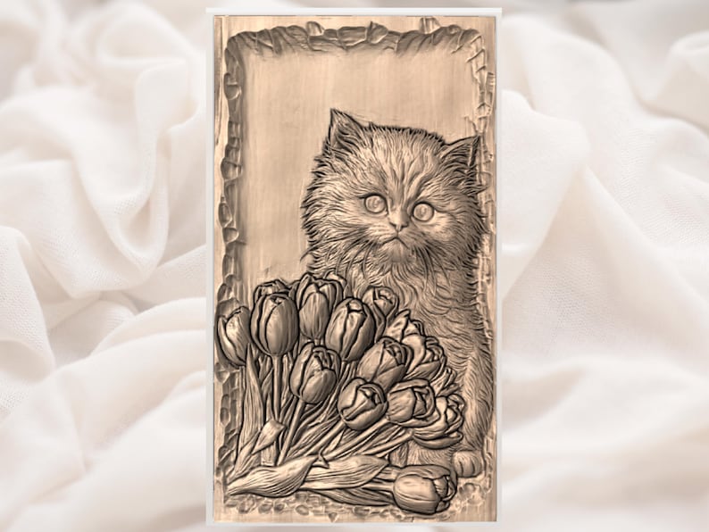 Cute Kitten with Tulips STL view 3