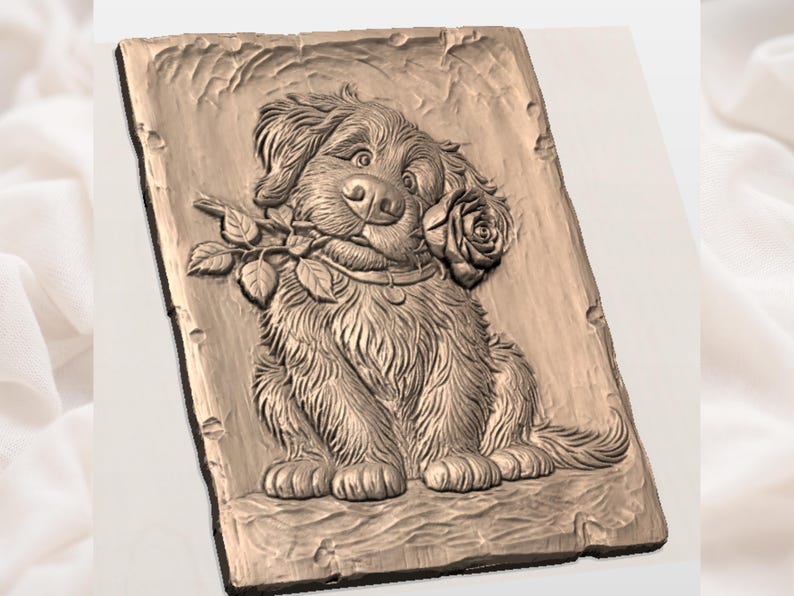 Cute Puppy with Rose Relief STL view 2