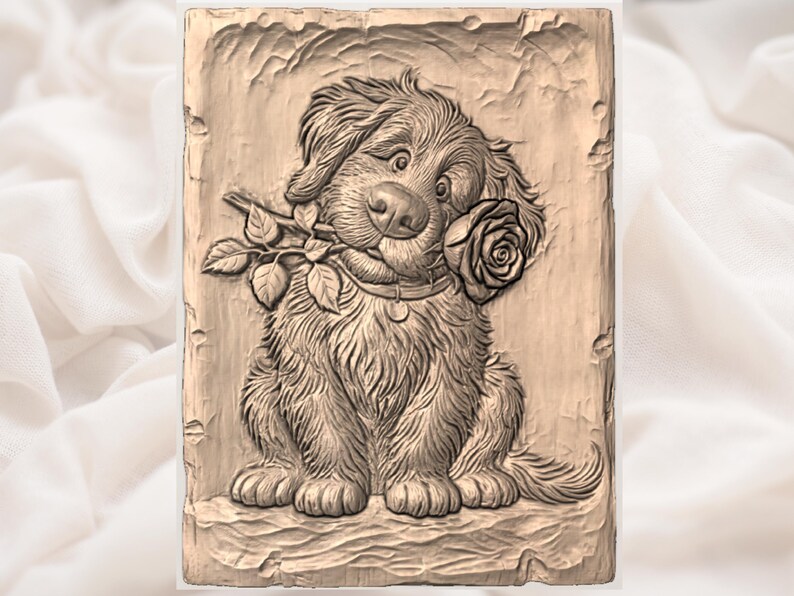 Cute Puppy with Rose Relief STL view 3
