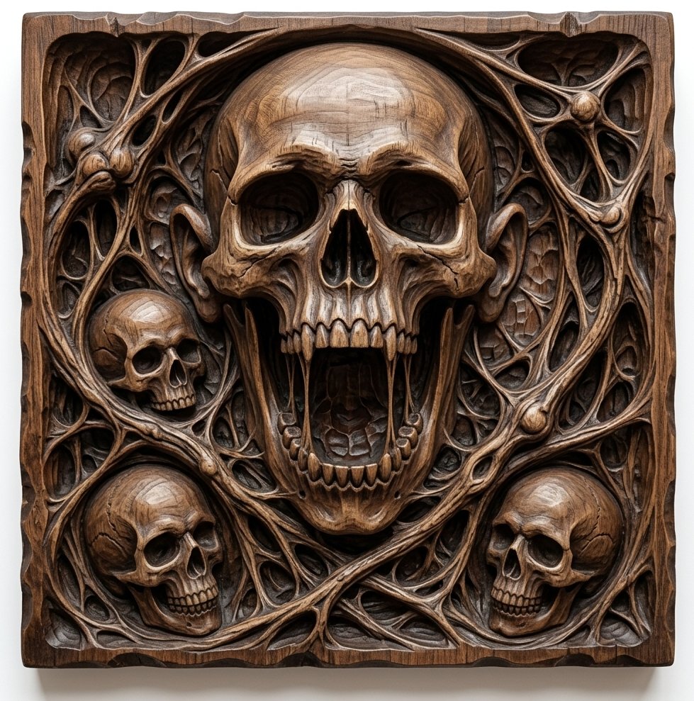 Dark Gothic Macabre Skulls and Roots CNC Relief STL bas-relief STL design
