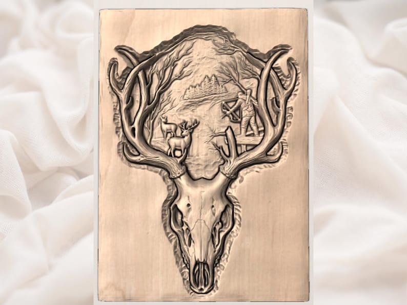 Deer Skull Antler Hunting Relief STL view 2