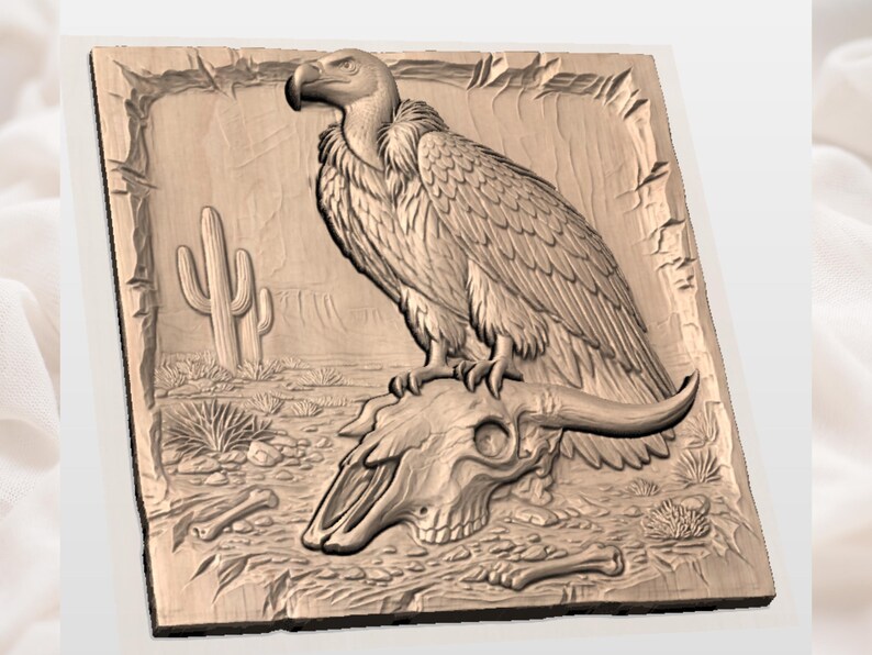 Cow Skull & Vulture Southwestern Bas Relief STL view 2