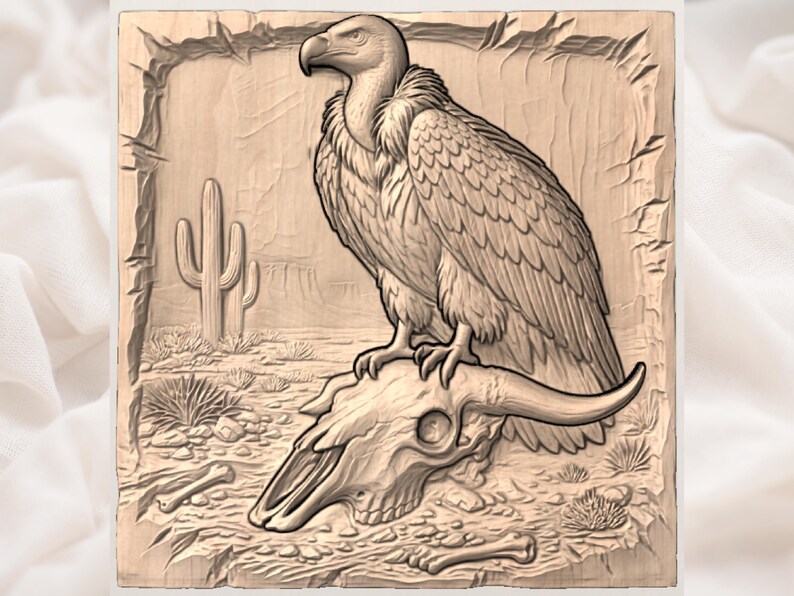 Cow Skull & Vulture Southwestern Bas Relief STL view 3