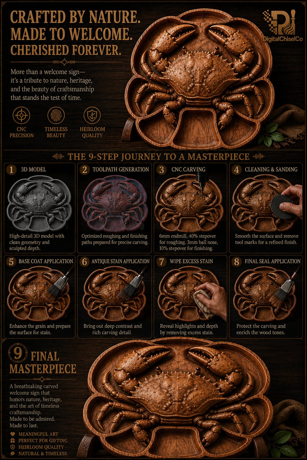 Detailed Crab Serving Tray Wood Carving Design view 10