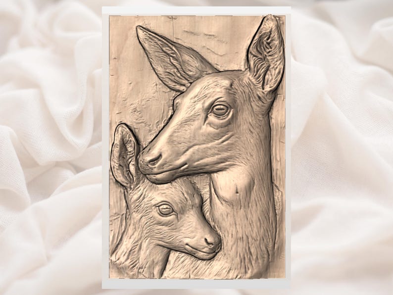 Doe & Fawn Deer 3D Relief STL view 3