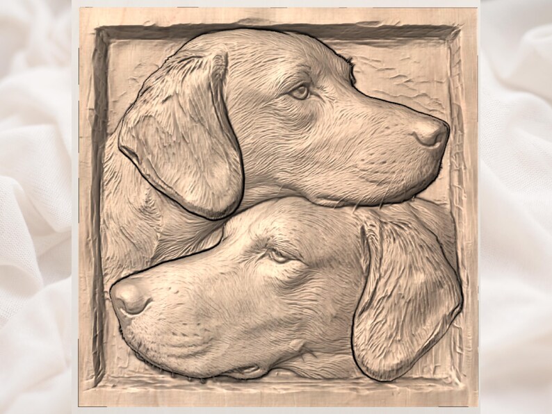 Double Hunting Dog Portrait 3D Relief STL view 3