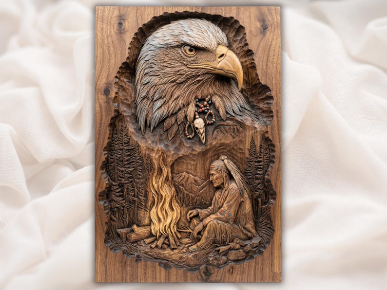 Eagle and Campfire Scene STL bas-relief STL design