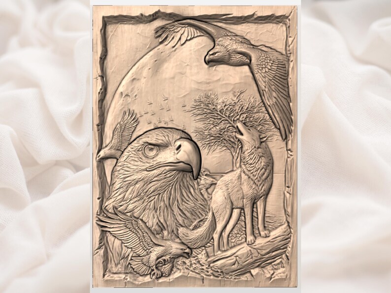 Eagle & Wolf 3D Relief STL view 3