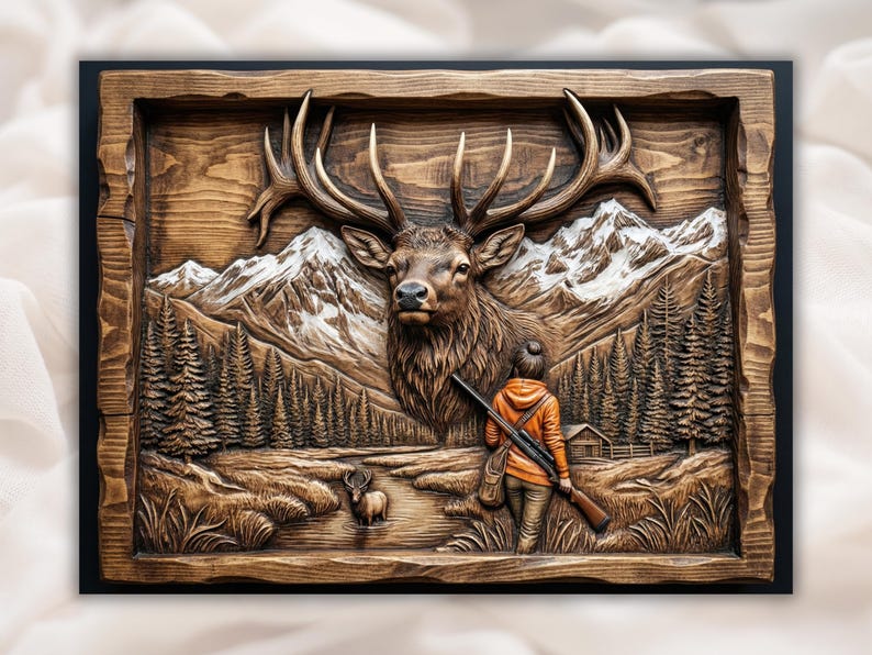 Elk Hunter 3D Relief STL - Deer Head Mountain Forest Wall Art Panel bas-relief STL
