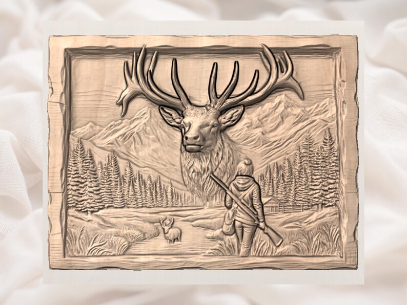 Elk Hunter 3D Relief STL - Deer Head Mountain Forest Wall Art Panel view 3
