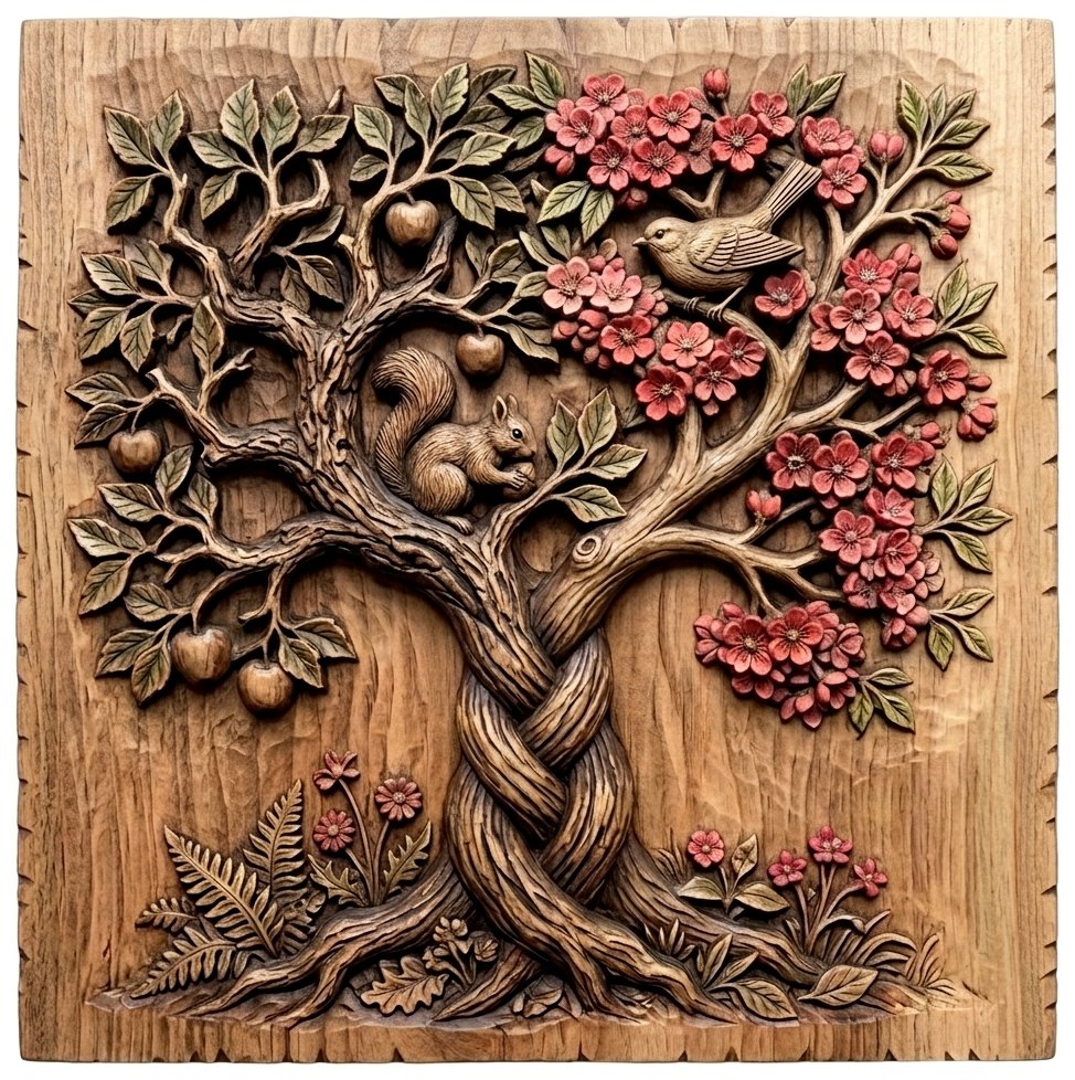 Enchanted Tree Of Life Wall Art | Braided Trunk Nature Relief | Squirrel And Bird Orchard Decor | Premium Wood Carving Design — carved bas relief STL file for CNC