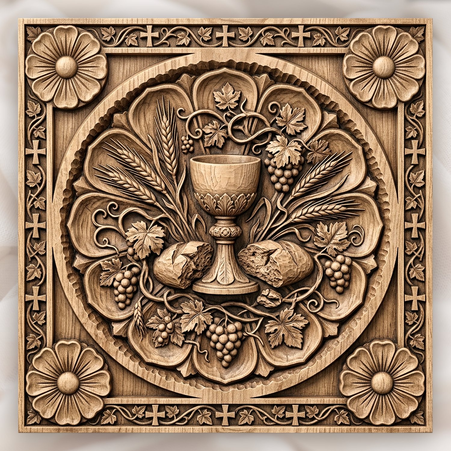 Eucharist Communion Chalice Bread Wheat CNC Relief STL