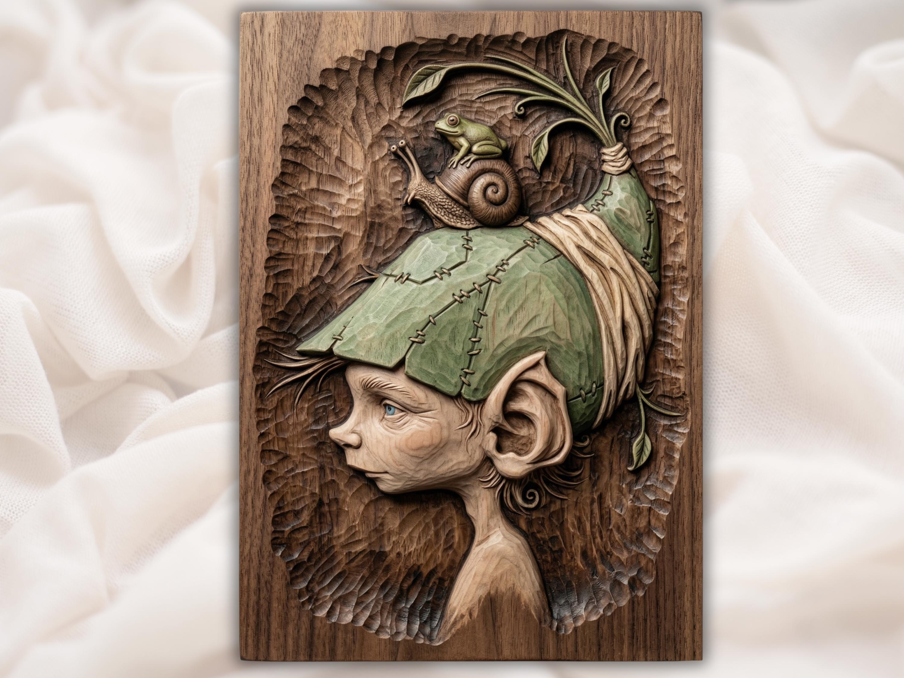 Elf Child With Snail and Frog Cap Fantasy Bas-Relief STL bas-relief STL design