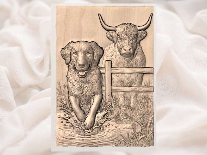 Farm Dog & Highland Cow 3D Relief STL view 3