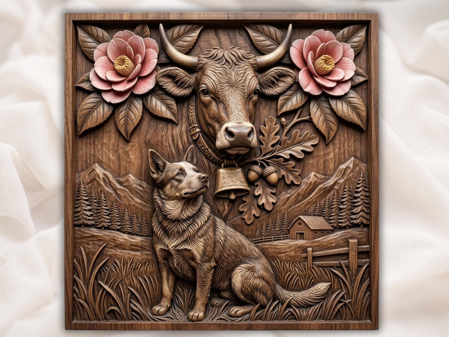 Farm Life Heritage Pastoral Scene Cow and Dog CNC Relief STL bas-relief STL design