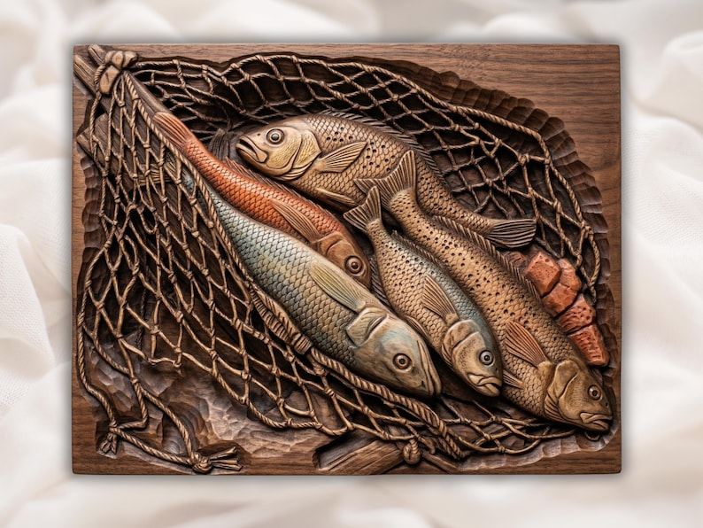 Fish in Net 3D Relief STL bas-relief STL
