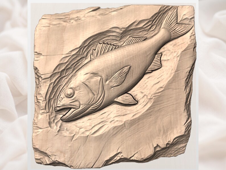 Bass Fish bas Relief STL view 3