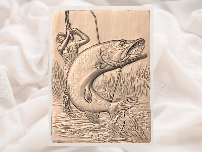 Fisherman & Muskie 3D Relief STL view 2