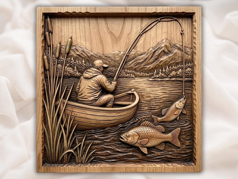 Fishing Boat Lake Scene 3D Relief STL bas-relief STL design