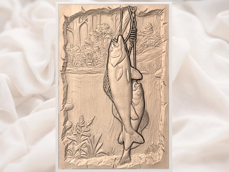 Fishing Scene 3D Relief STL view 3
