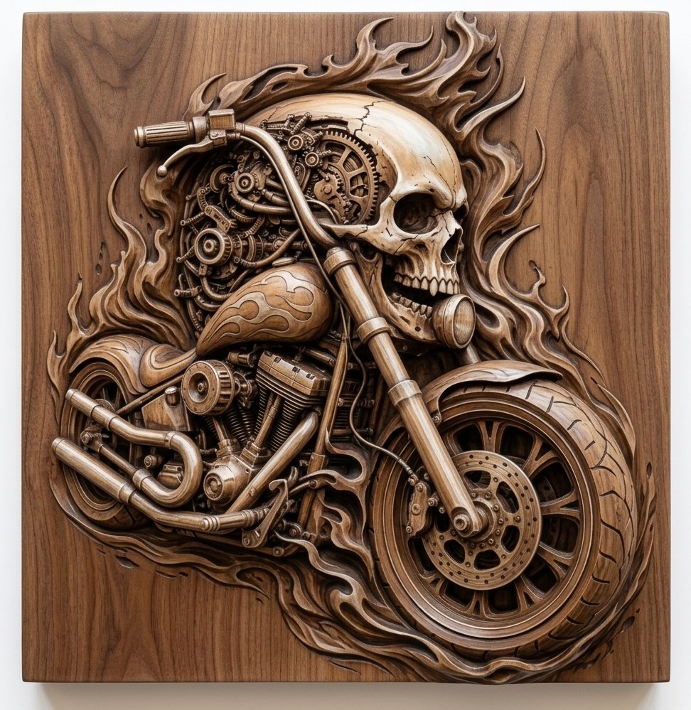 Flaming Mechanical Skull Chopper Wall Art | Biker Garage Decor | Custom CNC Wood Panel | Hell Rider Sculpture | ArtCAM VCarve Pro — carved bas relief STL file for CNC
