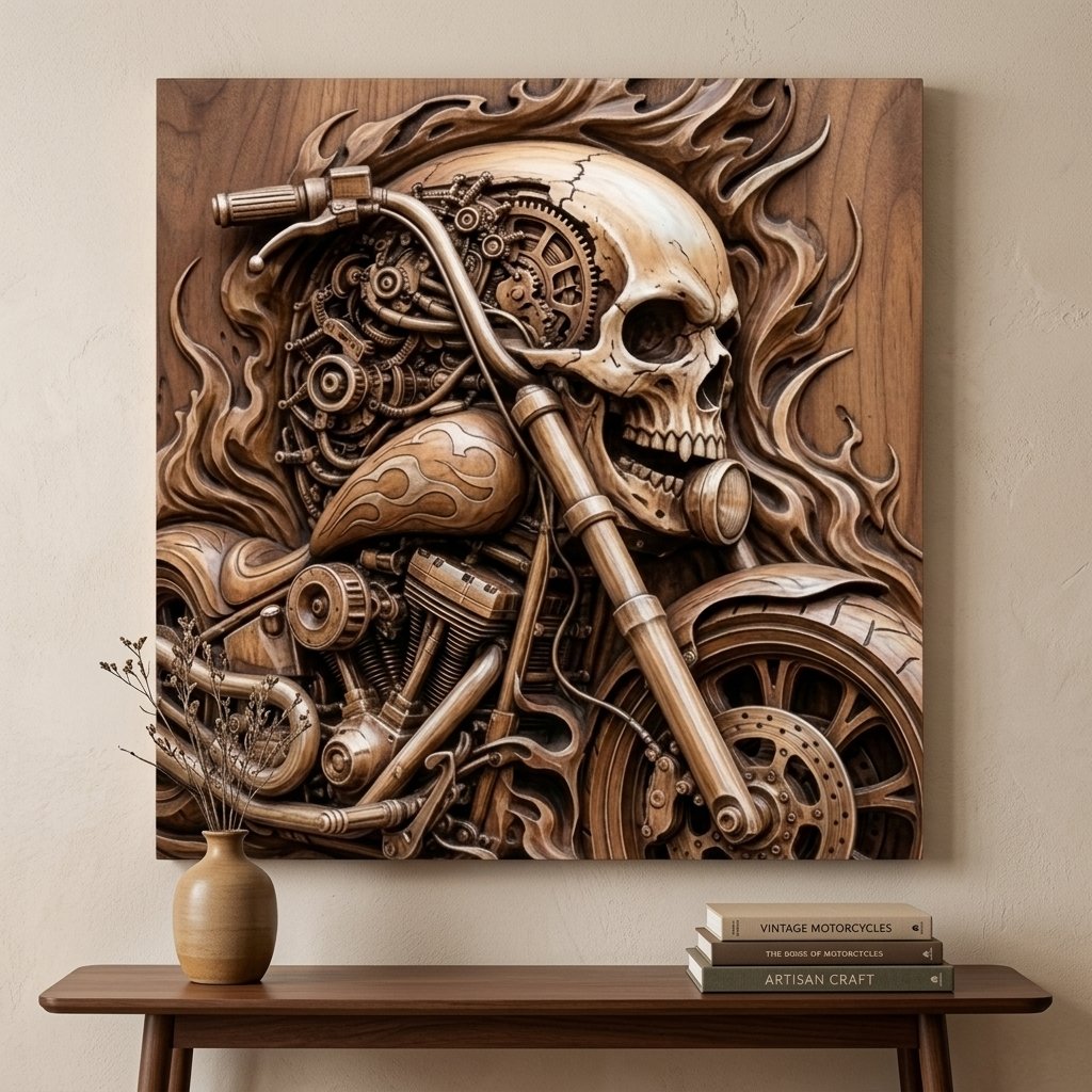 Flaming Mechanical Skull Chopper Wall Art view 7