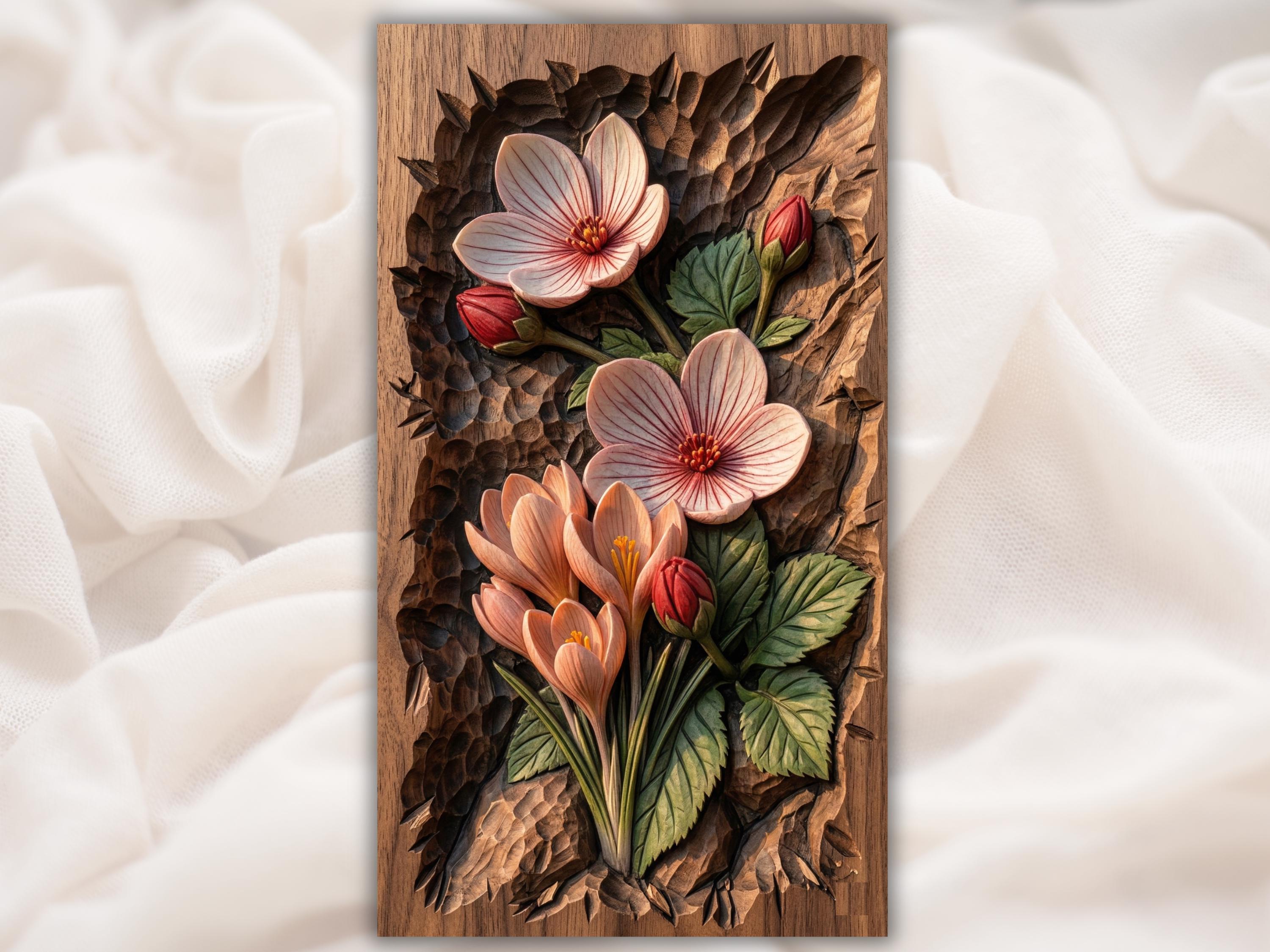 Crocus and Blossom Bouquet Bas-Relief Floral STL Carving bas-relief STL design