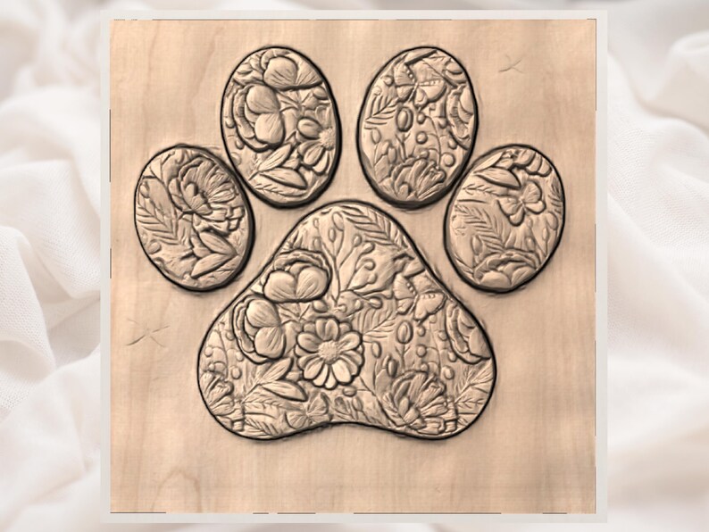 Floral Paw Print 3D Relief STL File view 2
