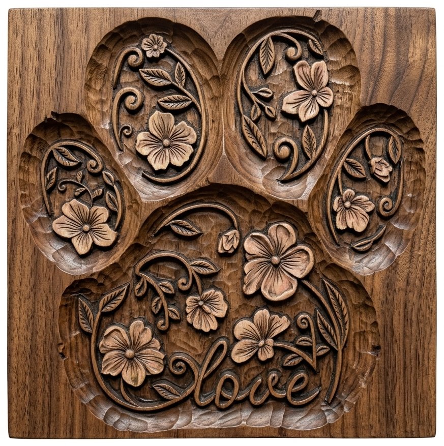 Floral Paw Print Love Pet Memorial CNC Relief STL bas-relief STL design