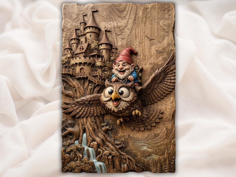 Flying Gnome Owl Ride STL File bas-relief STL